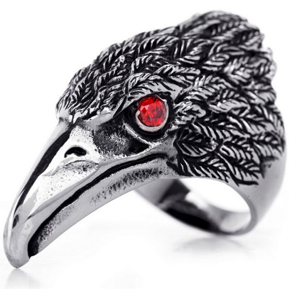 JewelryWe New Stainless Steel Hawk Eagle Ring, Mens Biker Engagement Wedding Band Black Silver Tone (with Gift Bag), V