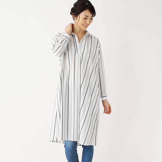 Amazon シューラルー Shoo La Rue 防シワ コットンシャツワンピース 02 M オフホワイト グレー 303 ワンピース チュニック 通販