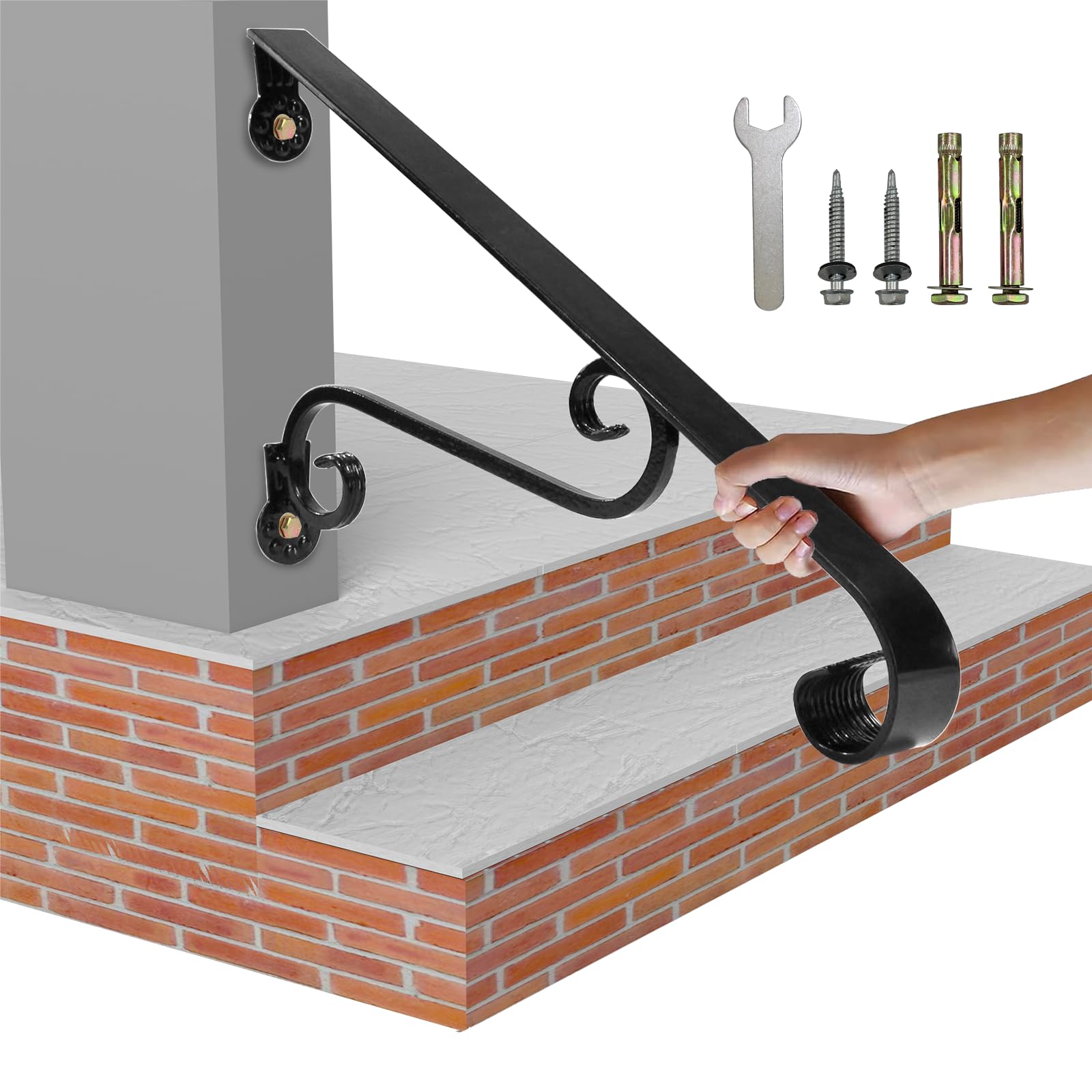 Photo 1 of 21.7" Outdoor Stair Handrails,1-2 Steps Stairs Rails-Wall Mounted Wrought Iron Hand Railing-Staircase Grab Rail-Heavy Duty Metal Art Handrail for Outdoor Steps-Porch Garage-Anti-Corrosion Carbon Steel