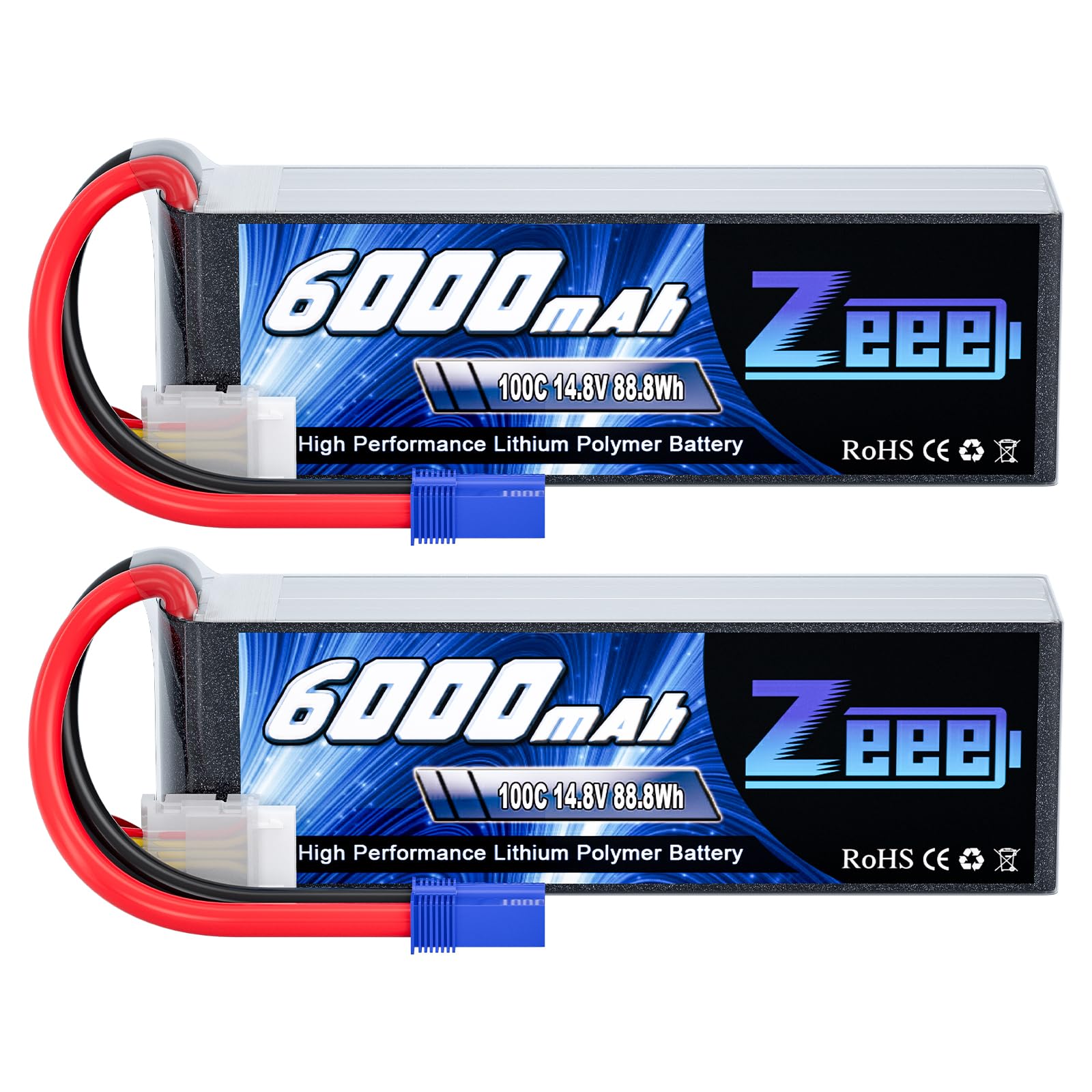 Zeee 4S Lipo Battery 14.8V 100C 6000mAh RC Battery with EC5 Plug for RC Plane F450 Quadcopter Airplane Helicopter RC Car Truck RC Boat (2 Packs)