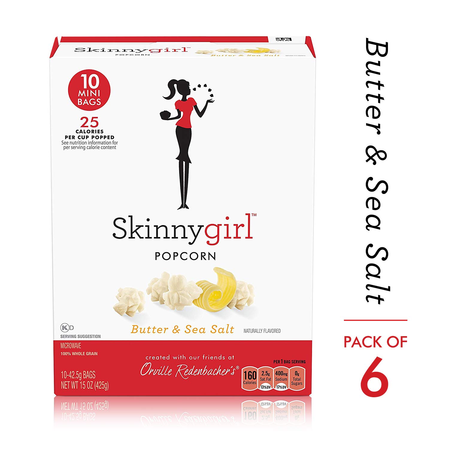 Orville Redenbacher’s Skinnygirl Butter & Sea Salt Microwave Popcorn, 1.5 oz Mini Bag, 10Count, Pack of 6