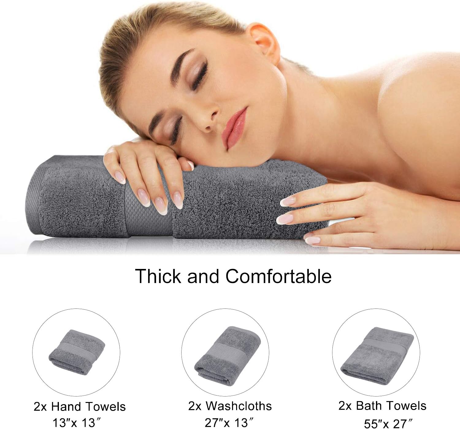 Wonwo 100% Cotton Towel Sets, 600 GSM Luxury Bath Towels 6 Piece Set - 2 Bath Towels, 2 Hand Towels, and 2 Washcloths - Blue Grey: Home & Kitchen