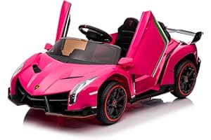 Winado 12V Ride on Car, Electric Vehicle Licensed Lamborghini Veneno for Kids, Battery Powered Car Toy w/Parent Control, Hydraulic Doors, 3 Speeds, LED Headlights, Horn, Engine Sounds - Pink