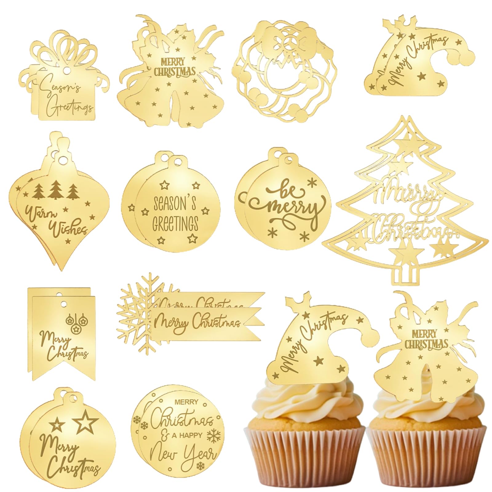 Photo 1 of 24 Pcs Christmas Cupcake Toppers Acrylic Cake Topper Minimalist Gold Cake Decorations, Mirror Disc Engraved Merry Christmas for Winter Xmas Decor
