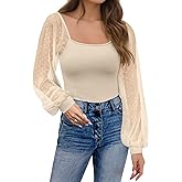 Womens Mesh Long Sleeve Shirts Dressy Tops, Casual Puff Sleeve Blouses Shirts for Women, Scoop Neck Casual Blouses Fall Tunic Tops (Beige, S)
