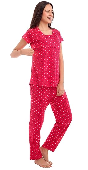 Women's Cotton Navy Blue & Pink Feeding Night Suit,Floral Print Nursing Night Dress