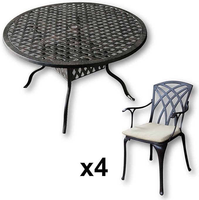 Lazy Susan Furniture Sarah 120 cm Round 4 Seater Cast Aluminium Garden Set Antique Bronze