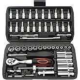 TILIBOTE Socket Wrench Set, 53PCS 1/4 Inch Ratcheting Wrench Set and Extension Bar Gimbal Slide Bar Extension Sockets, Set fo