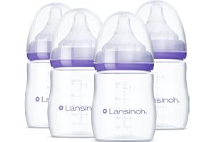 Lansinoh Anti-Colic Baby Bottles for Breastfeeding Babies, 5 Ounces, 4 Count, Includes 4 Extra Slow Flow Nipples, Size XS