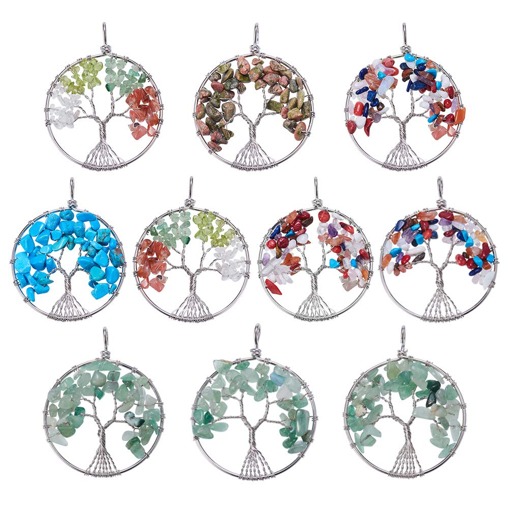 NBEADS 10 Pcs Chip Gemstone Tree of Life Big Pendants Brass Wire Wrapped Chakra Jewelry, 50-64x48-52x5-8mm, Hole: 3-6mm