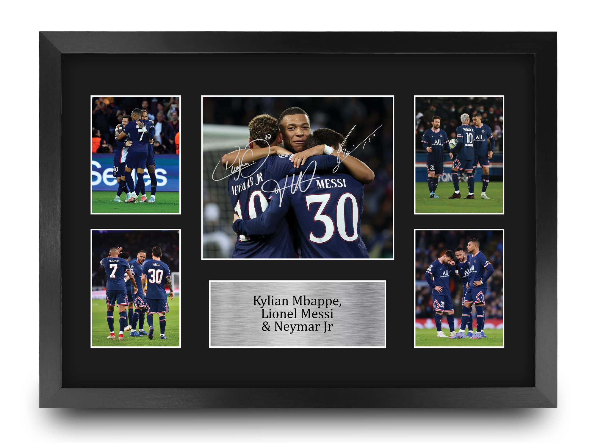 HWC Trading Kylian Mbappe, Lionel Messi & Neymar Jr Paris Blue and Reds Printed Memorabilia Signed Autograph Photograph Display for Football Fans and Supporters - A3 Framed