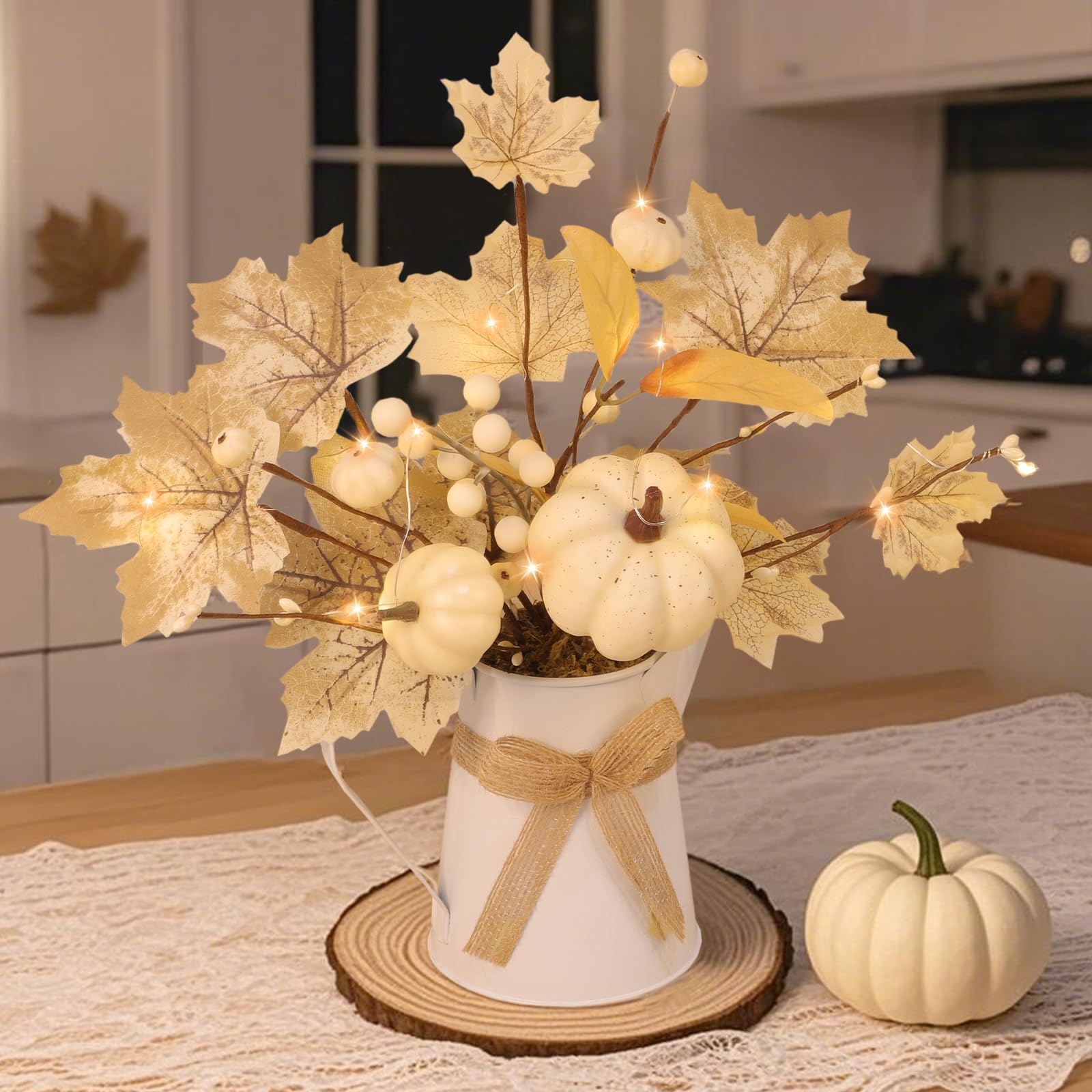 Photo 1 of [Light & Timer] Fall Decor Table Centerpiece Potted White Maple Arrangement in Metal Pitcher Neutral Rustic Artificial White Pumpkin Berries Fall Decoration for Home Mantel Autumn Thanksgiving Wedding