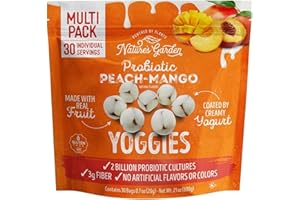 Nature's Garden Probiotic Peach Mango Yoggies, 21oz (30 x 0.7oz) - Yogurt Covered Fruit Snack, High Fiber, Real Fruit Pieces, Fruit Snack Packs