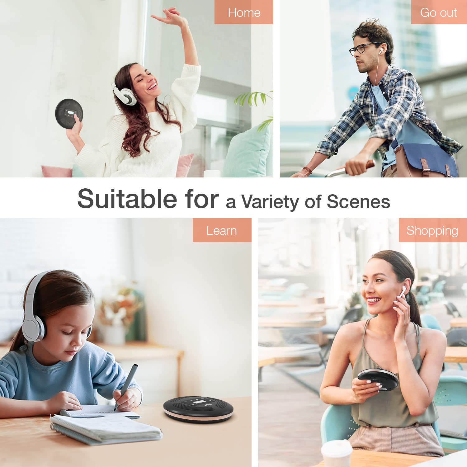 HOTT CD903TF Portable CD Player with Bluetooth and FM Transmitter with Touch Buttons Backlight,Rechargeable with AUX Cable,CD Player Shockproof for Car