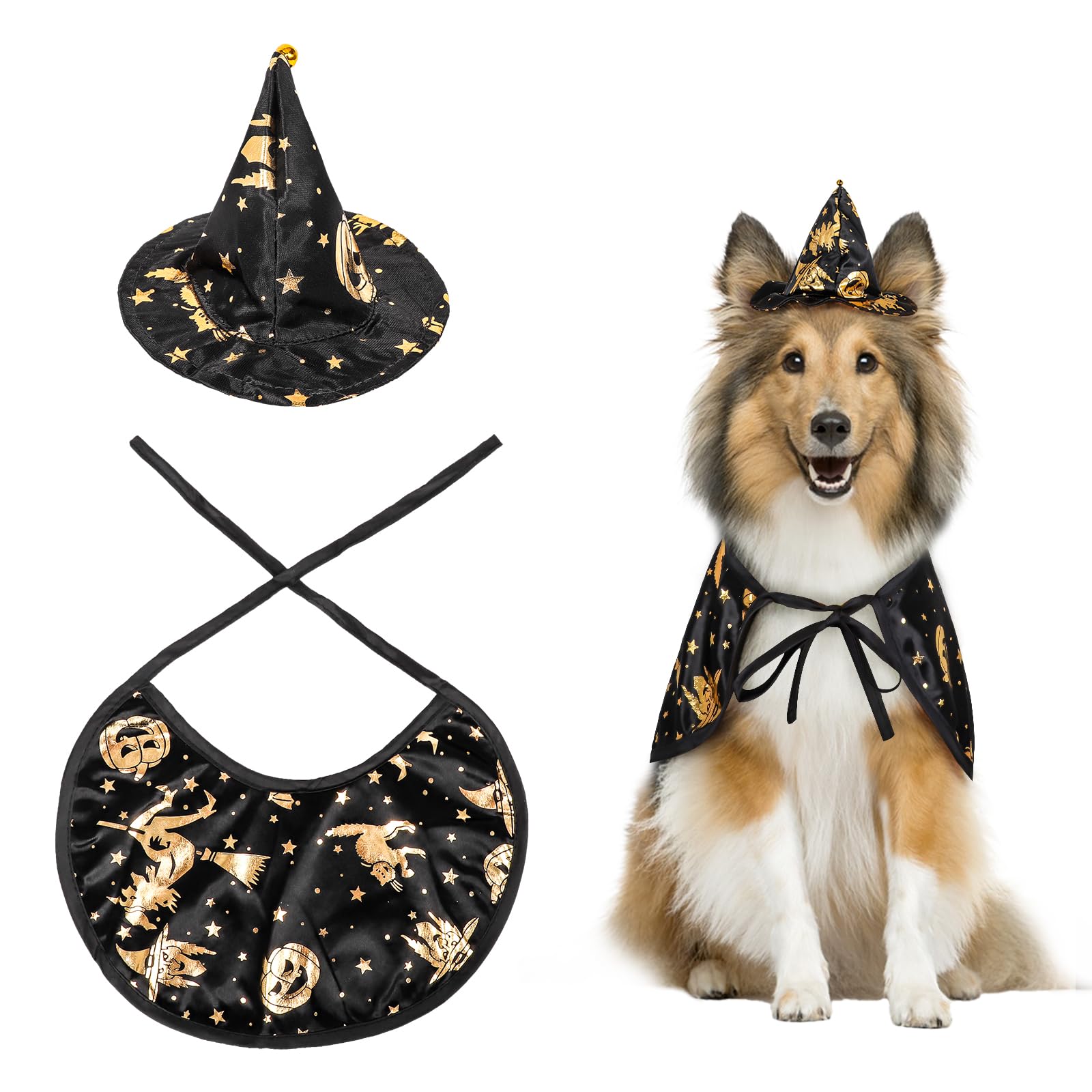 Pet Wizard Costume Cape with Adjustable Witch Hat for Small Medium Dogs Cats - Halloween & Christmas Outfits (Gold, L)