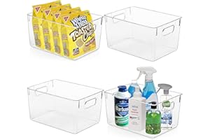 KAZIPA Clear Plastic Storage Bins - Perfect Kitchen Organization and Storage, Pantry Organization and Storage, Fridge Organizer, Refrigerator Organizer, Freezer Organizer, Cabinet Organizer - 4 Pack