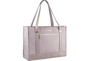 EMPSIGN Laptop Tote bag for women 16 Inch, Stylish Computer Shoulder Tote Bag for Work, Large Capacity Quilted Laptop Briefcase, Waterproof Women Business Office Bag, Quilted Grey Pink