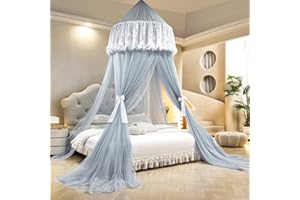 AIKASY Princess Bed Canopy for Girls – Double Layer Sheer Mesh Dome with Romantic Lace Trim, Dreamy Mosquito Net Tent for Twin/Full/Queen/King Beds(Lightgrey)