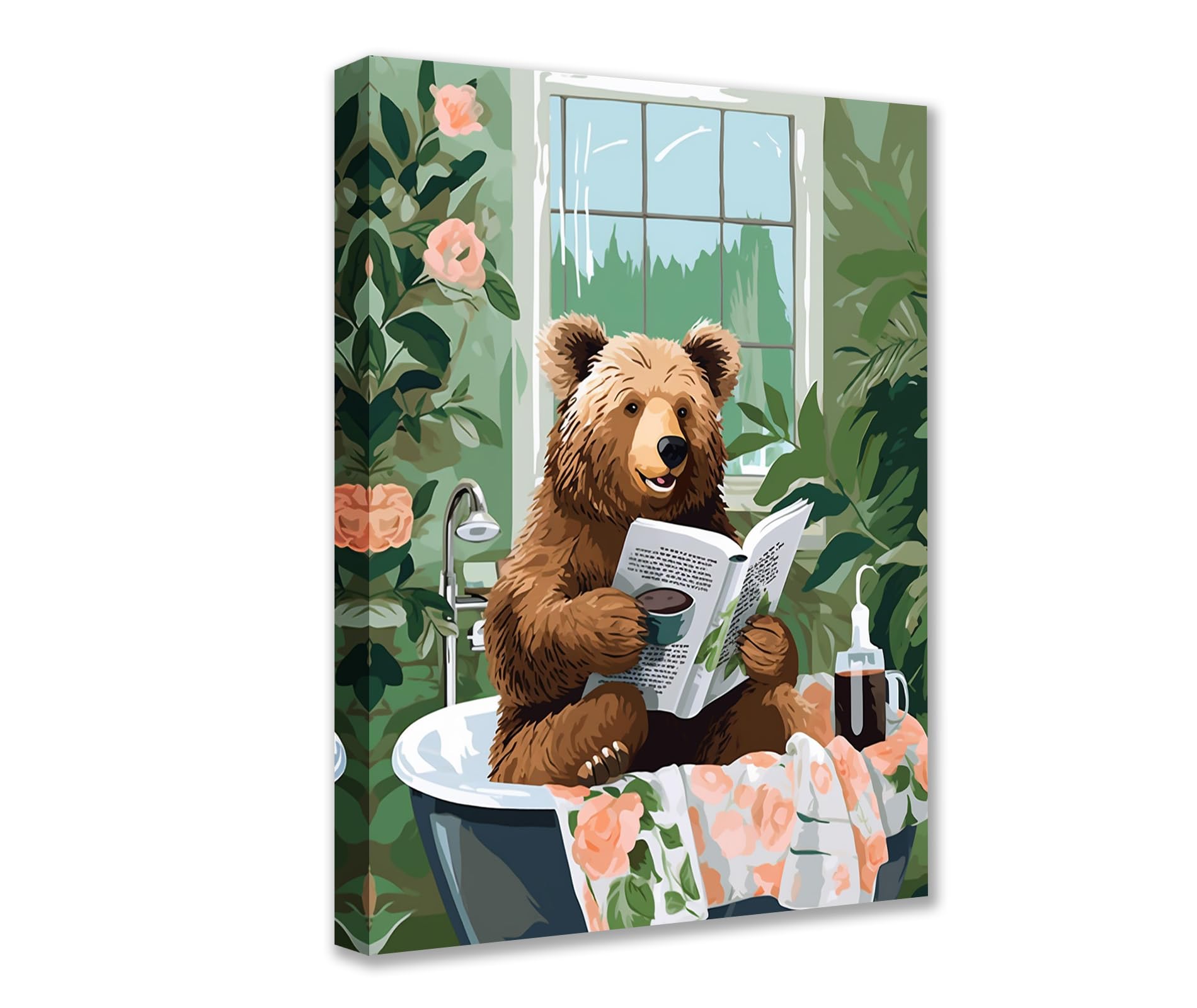Bear Reading Book in Bathtub 1P Canvas Room Wall Creative Pictures Animal Poster Prints Bathroom Cute Bear Artwork Funny Bathroom Living Room Home Decor Framed Gallery-Wrapped Ready to Hang 16x24inch
