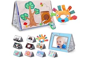 BLIPHANT Tummy Time Book with Baby Safe Mirror and Lovely Rattle, Perfect Baby Toys Set for 0-3 6 12 Months, Fun High Contrast Montessori Toys w/Black and White Patterns for Early Newborn/Infant Development