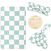 TANOFAR 4-Pack Newborn Swaddle Blanket for Baby Girls & Boys, Ultra Soft Receiving Blankets with Matching Headband and Beanie Set Baby Nursery Swaddle Wrap, Green Checkerboard