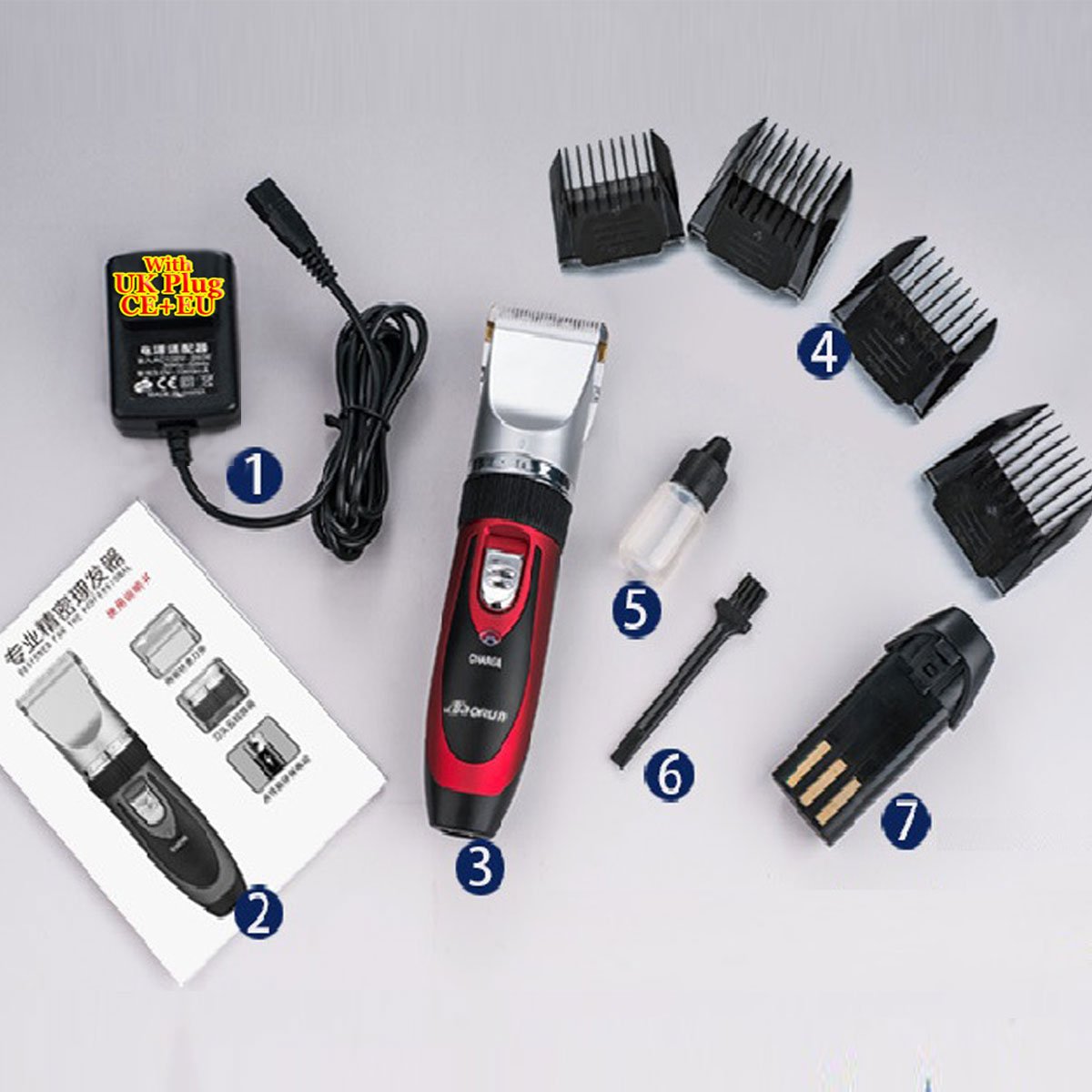 Super Quiet Cordless battery Electric Hair Cutting Machine RECHARGEABLE HAIR CLIPPER TRIMMER home Barber Clippers Set (RED)