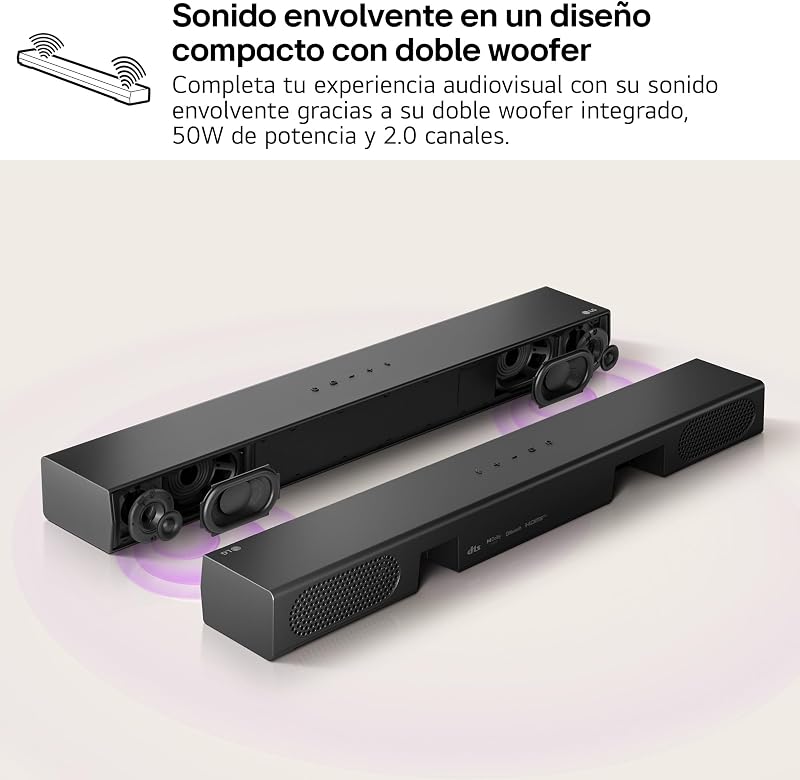 S20A - Barra de Som Inteligente, Bluetooth, 50W, 2.0 Canais, Compacto com Dual Woofer Integrado, Dolby Digital, DTS Digital Surround, Preto