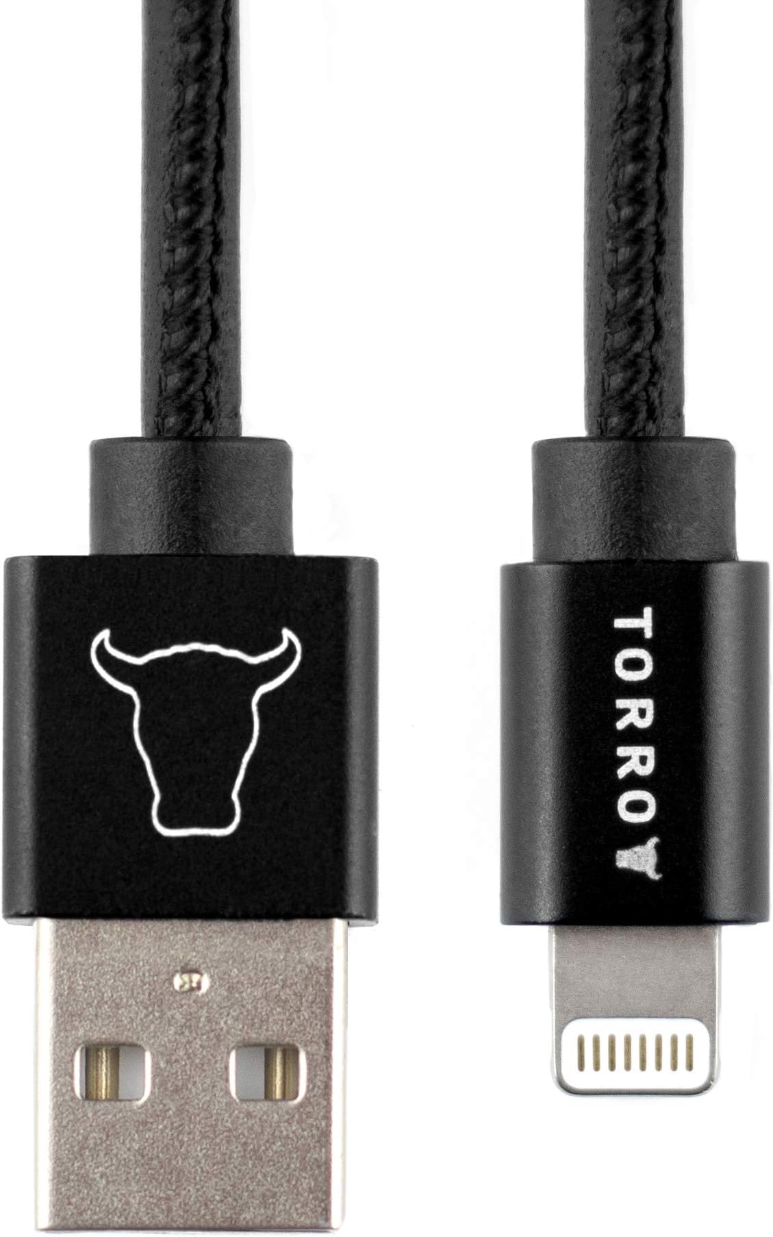 TORRO Genuine Leather MFi Certified Lightning to USB Cable Compatible with Apple Devices [1 meter] [Leather Clip] (Black)