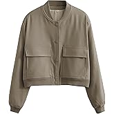 SCUSTY Women's Button Down Bomber Jacket Drop Shoulder Short Cropped Coat Outwear