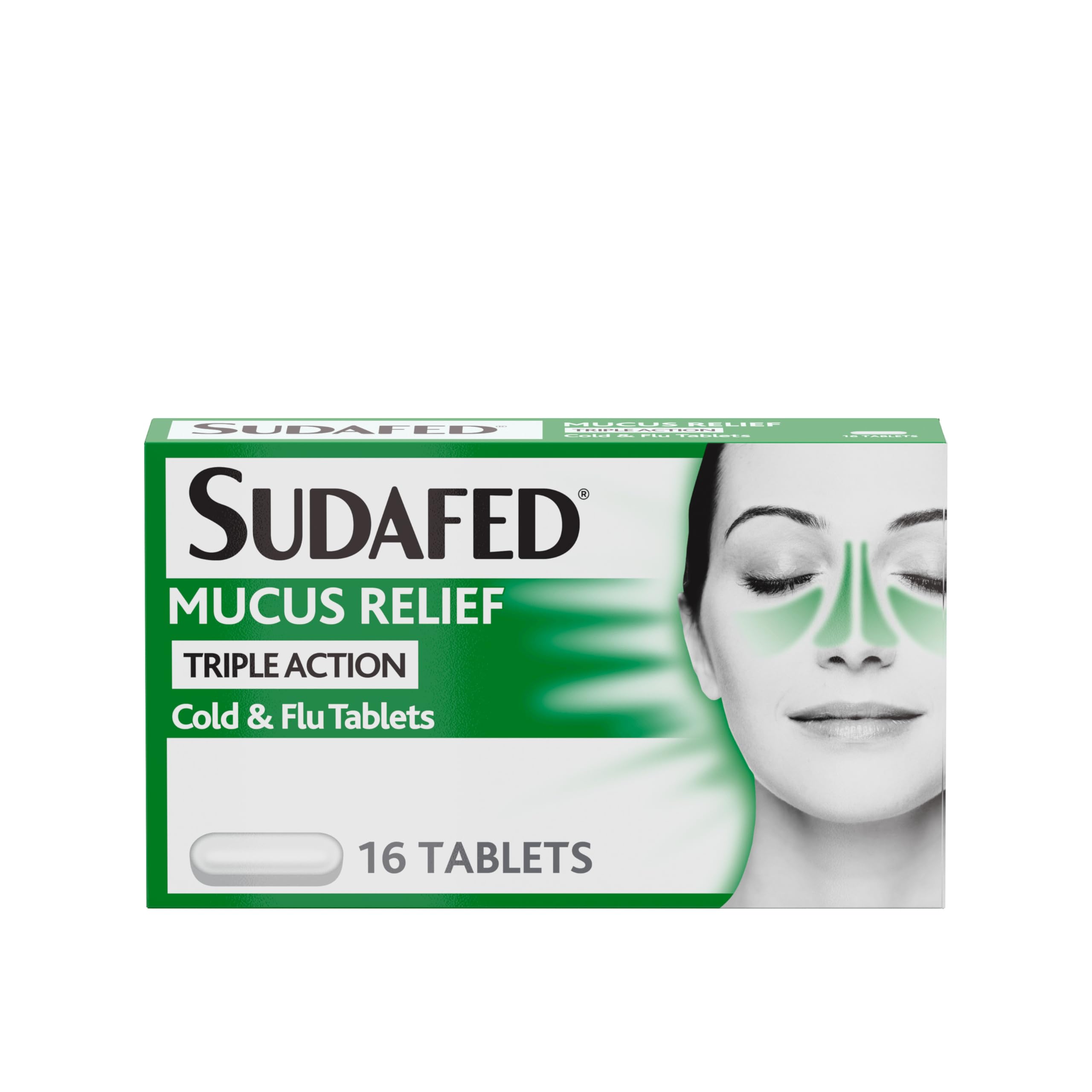 Sudafed Mucus Relief Triple Action Cold & Flu Tablets (Pack of 16), Helps Fight Cold and Flu and Unblocks The Nose, Reduces Mucus, Works in 15 Minutes