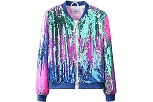 WELAKEN Girls' Ombre Sequin Bomber Jacket with Pockets Lightweight Sparkle Long Sleeve Zipper Gradient Jackets for Kid