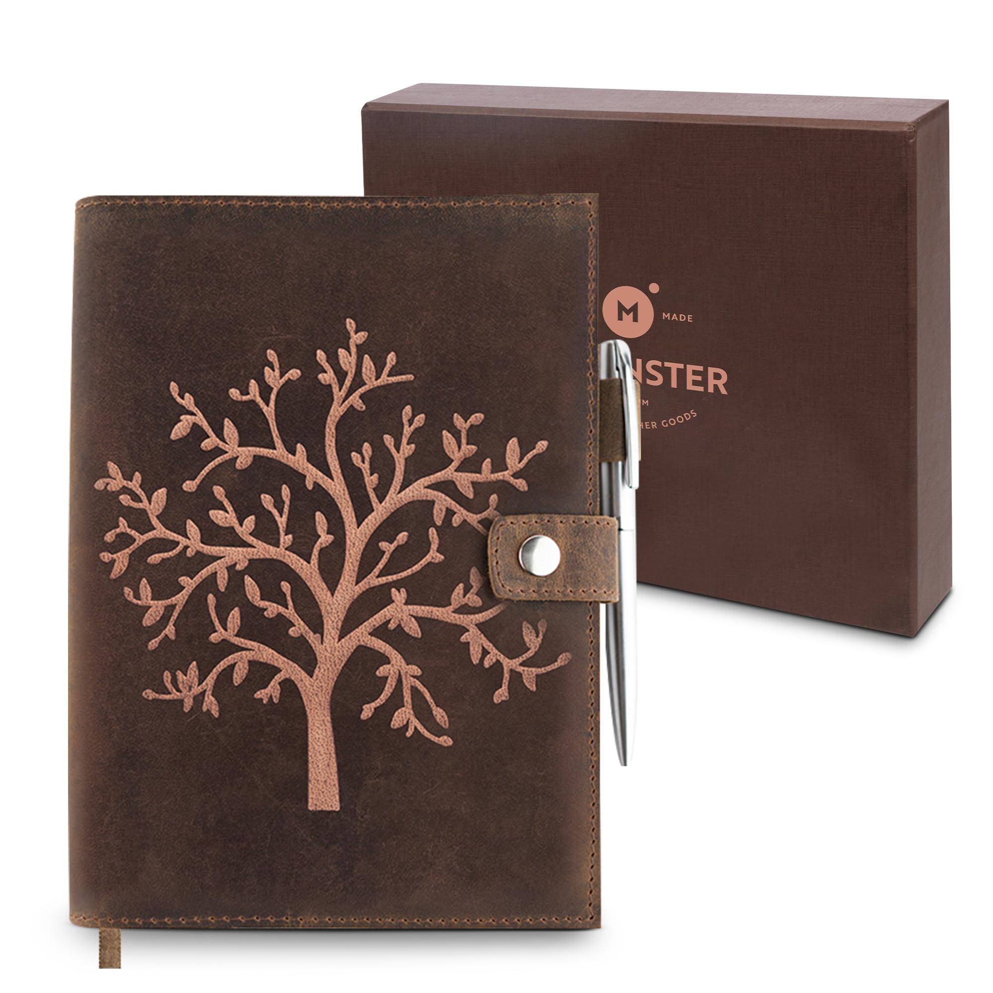 moonster Refillable Vintage Leather Journal Notebook – Embossed Tree of Life Diary for Journaling, Writing & Notes – Handmade Gift for Men & Women, Includes Pen Holder, Silver Pen & A5 Lined Paper
