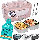 APSARAS USA Electric Lunch Box,3in1 Heated Lunch Box for Adults,60-80W,12/24/110V Portable Lunch Warmer, Leakproof Food Heater for Car/Truck/Office with 304 SS Fork&Spoon&Insulated Carry Bag Pink