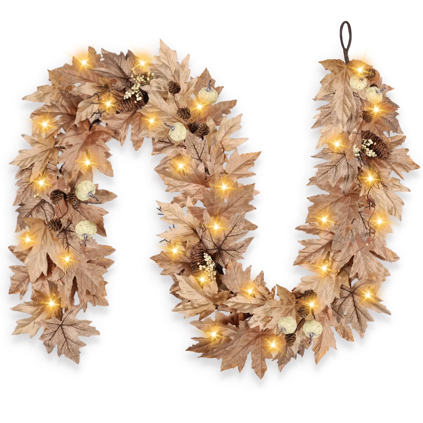 Photo 1 of 6 FT Fall Garland with Lights Timer Function Autumn Fall Leaves Garland with Berries Pine Cones Pumpkins Realistic Automatic ON/Off Timer Fall Decorations for Home Mantle Fireplace Porch Door Table