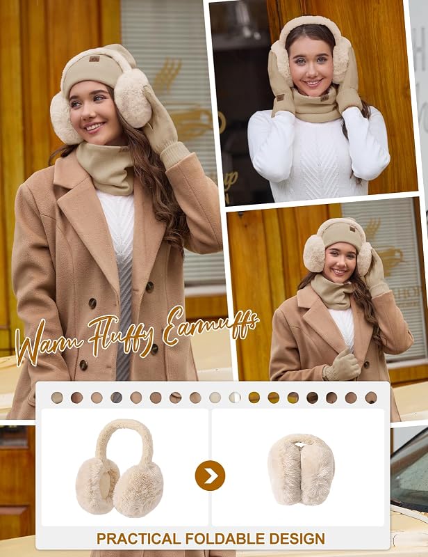 Gorro Bufanda y Guantes Set 5PCS Mujer Invierno Gorro Conjunto Sombreros Bufandas Cálida Caliente Pantalla táctil Guantes Orejeras de Felpa Calcetines Térmicos 5 Piezas Set (Caqui, One Size)