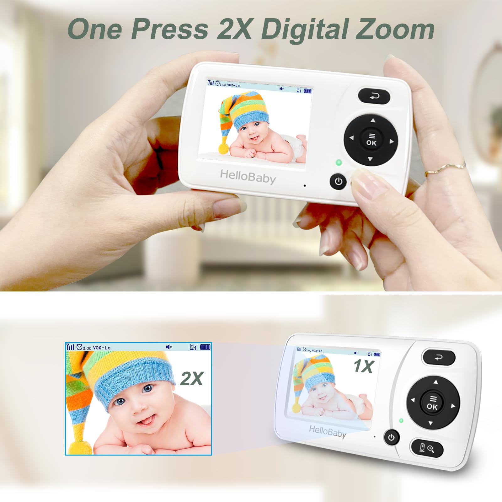 Hellobaby HB30 Video Baby Monitor with Digital Camera and Audio, No WiFi No App Safety Baby Monitor, 8 Languages, Auto Night Vision, 1000ft Transmission Range, 2.4 inch Portable Screen, White