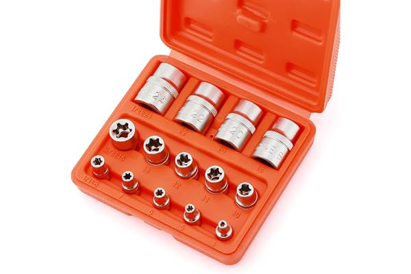 CASOMAN 14 Pieces Female E-TORX Star Socket Set, Female External Star Socket Set, E4 - E24 Torque Socket Set, 1/4" Dr. 3/8" D