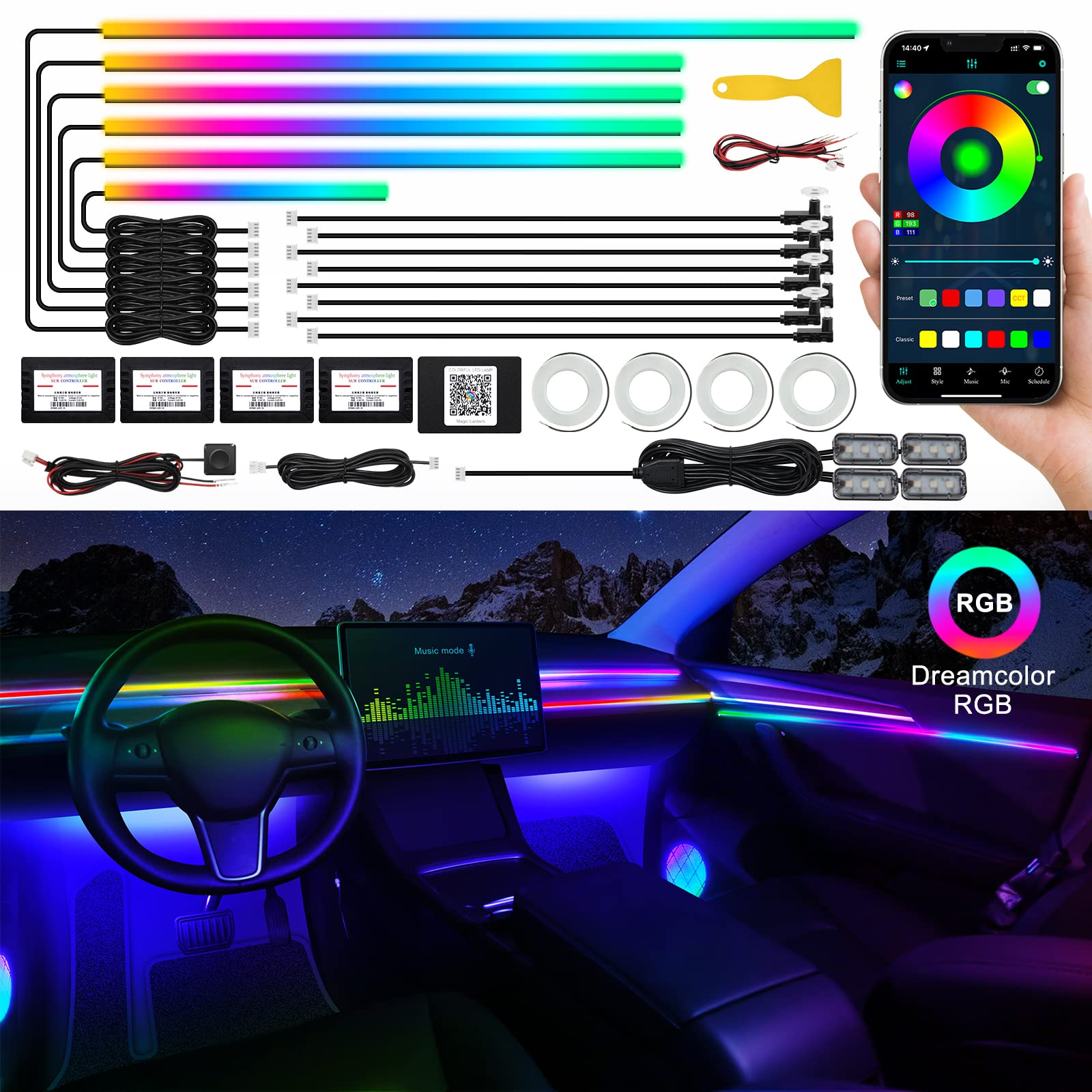 Photo 1 of Dreamcolor Acrylic Interior Car LED Strip Light with Wireless APP, RGB 22 in 1 with 175 inches 593 LEDs Fiber Optic Ambient Lighting Kits, 16 Million Colors Sound Active Function Car Neon Lights
