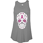 Sugar Skull - Breast Cancer Ribbon Ladies Flowy Tank Top