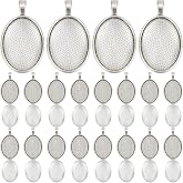 SOFPLATE 1 Box 60Pcs Cabochon Bezel Tray Silver Bezel Setting 30Pcs Oval Photo Charm 18x25mm with 30Pcs Glass Cabochons Oval Dome Alloy Vintage Blank Trays Pendants for Jewelry Making Charms Necklace