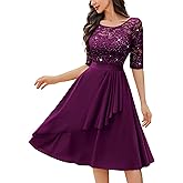 Miusol Women's Classy Scoop Neck Pleated Glitter Sequin Lace Half Sleeve Formal Party A-Line Dress