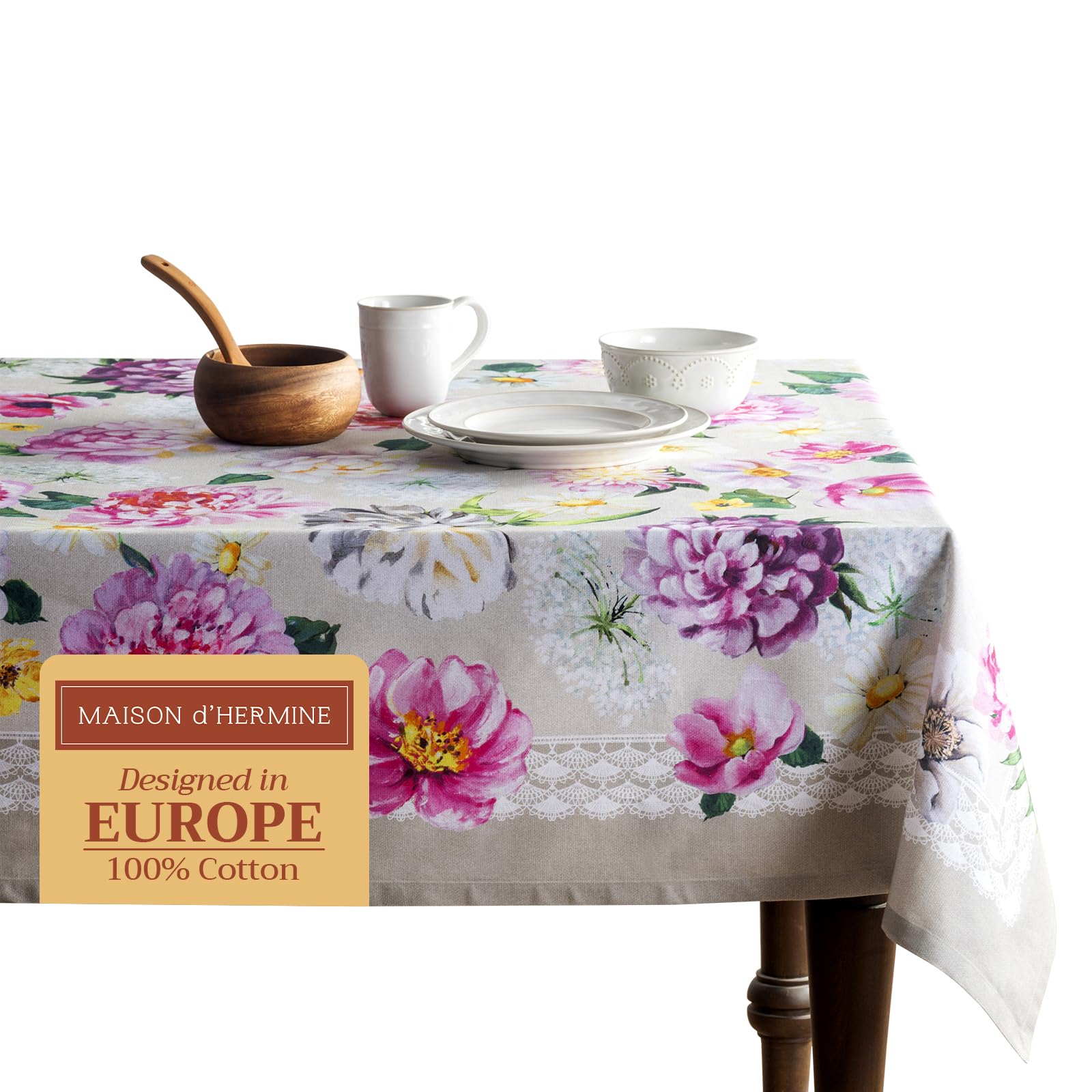 Maison d' Hermine Table Cloth Rectangle Table 100% Cotton 230 cm x 140 cm Tablecloth Reusable Everyday Use for Dining Farmhouse Home Party Festive Gifts for Mothers Day (Pivoine)