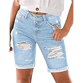 luvamia Women High Waisted Stretch Bermuda Shorts Ripped Rolled Hem Jean Shorts