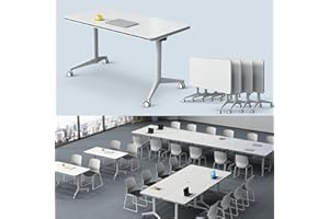 JNMDLAKO Folding Conference Table, Conference Room Tables with Wheels Foldable Large Rectangle Meeting Seminar Table for 6-12 People, Flip Top Mobile Training Table for Office Classr (4, White 2, 61in)