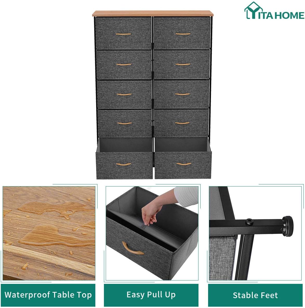 YITAHOME 10 Drawer Dresser - Fabric Storage Tower, Organizer Unit for Bedroom, Living Room, Hallway, Closets & Nursery - Sturdy Steel Frame, Wooden Top & Easy Pull Fabric Bins (Dark Gray) : Home Improvement