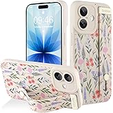 AIGOMARA for iPhone 17 Case with Strap for Women Girls, Cute Floral Flowers Pattern, Soft Wirstband Kickstand Silicone Protective Cover, White