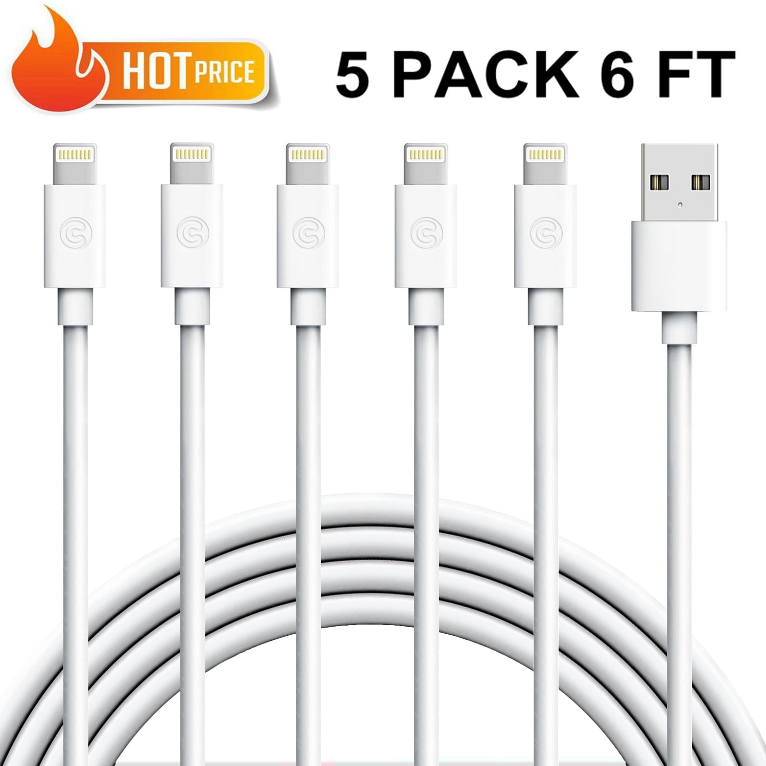 iPhone Charger, Cablex Lightning Cable 5Pack 6FT Ultra Long iPhone Charging Cable Cord Compatible with iPhone 8 8 Plus X 7 7Plus 6s 6sPlus 6 6Plus 5 5s 5c SE iPad iPod &amp; More --(white)