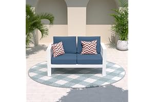 Amopatio Oversized Patio Furniture Aluminum Loveseat, All-Weather Outdoor 2 Seats Sofa Couch, Modern Metal Chair w/ 5 Inch Cushions, White&Blue (Include Waterproof Sofa Covers)