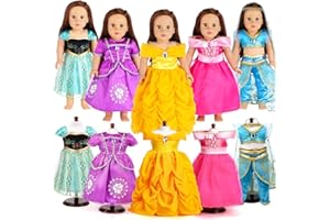 FUNDOLLS 18 Inch Doll Clothes Accessories - 5 Pc Different Princess Costume Dress Set includes Jasmine,Anna,Belle,Rapunzel and Aurora Fits All 18" Doll