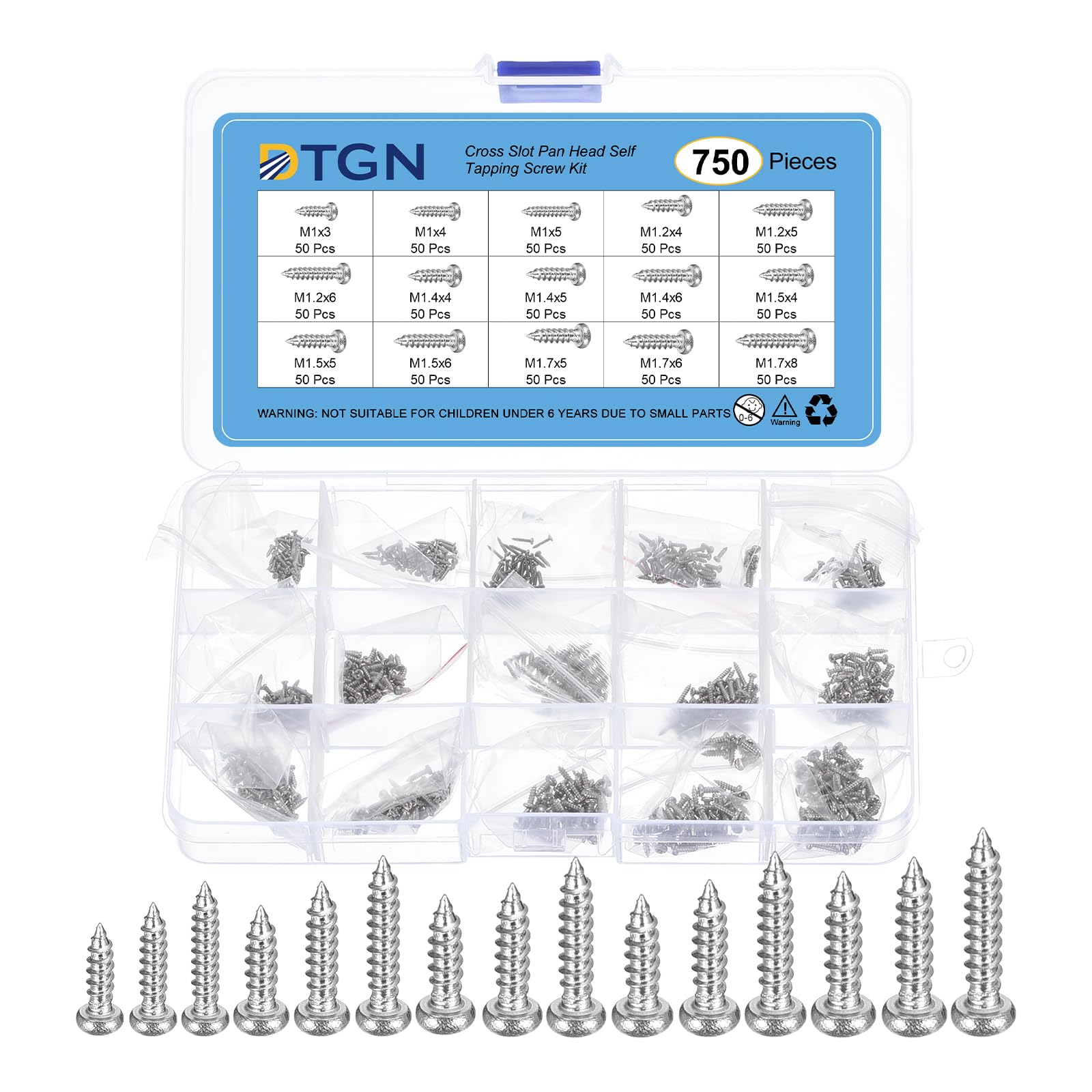 DTGN Carbon Steel Nickel-Plated Mini Screw Kit Phillips Pan Head Micro Screws Self-Tapping Mini Electronic Screws Assortment Kit,Silver(Size:M1x3-M1.7x8-750pcs)